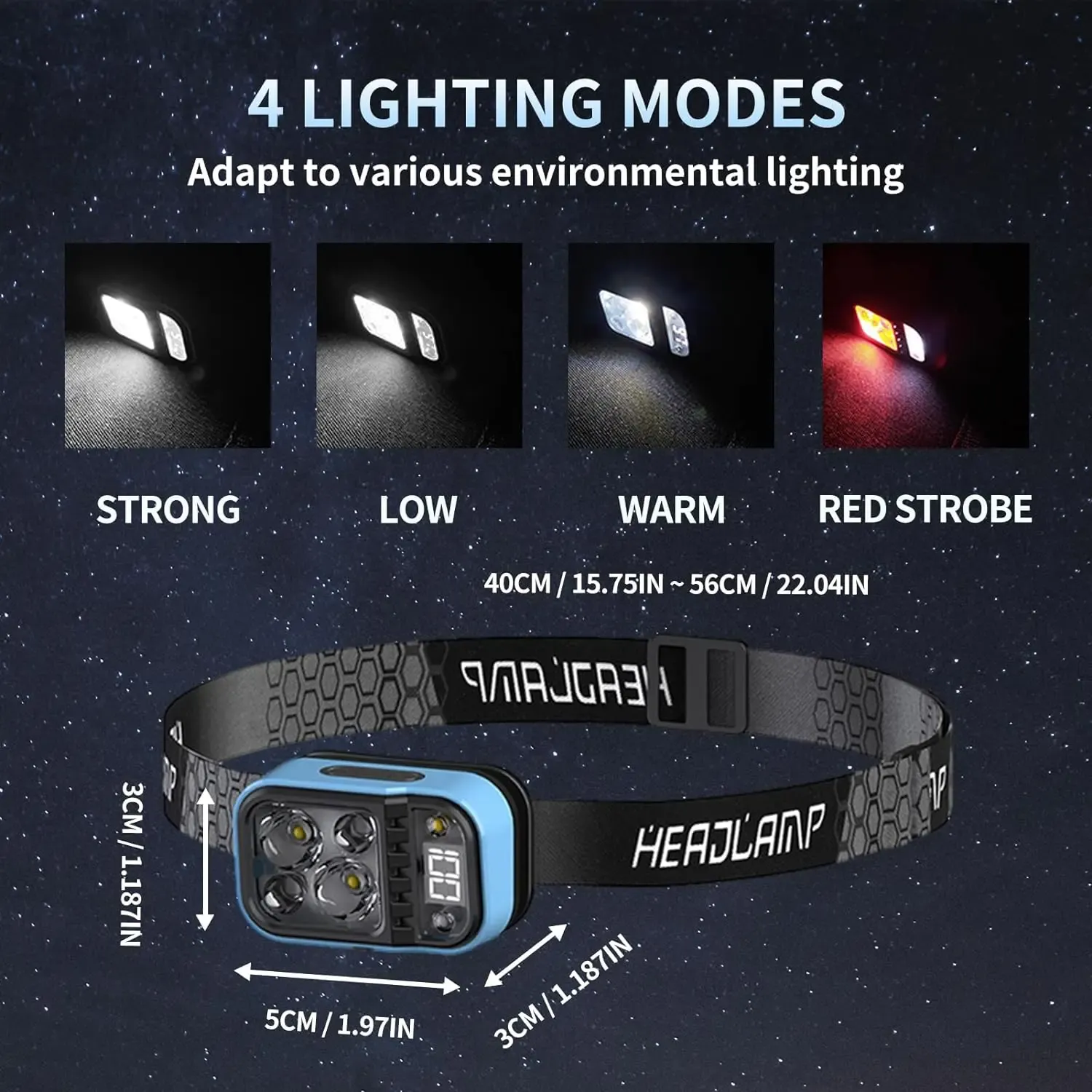 Lampe frontale rechargeable USB-C avec détecteur de mouvement et affichage numérique de la puissance 2