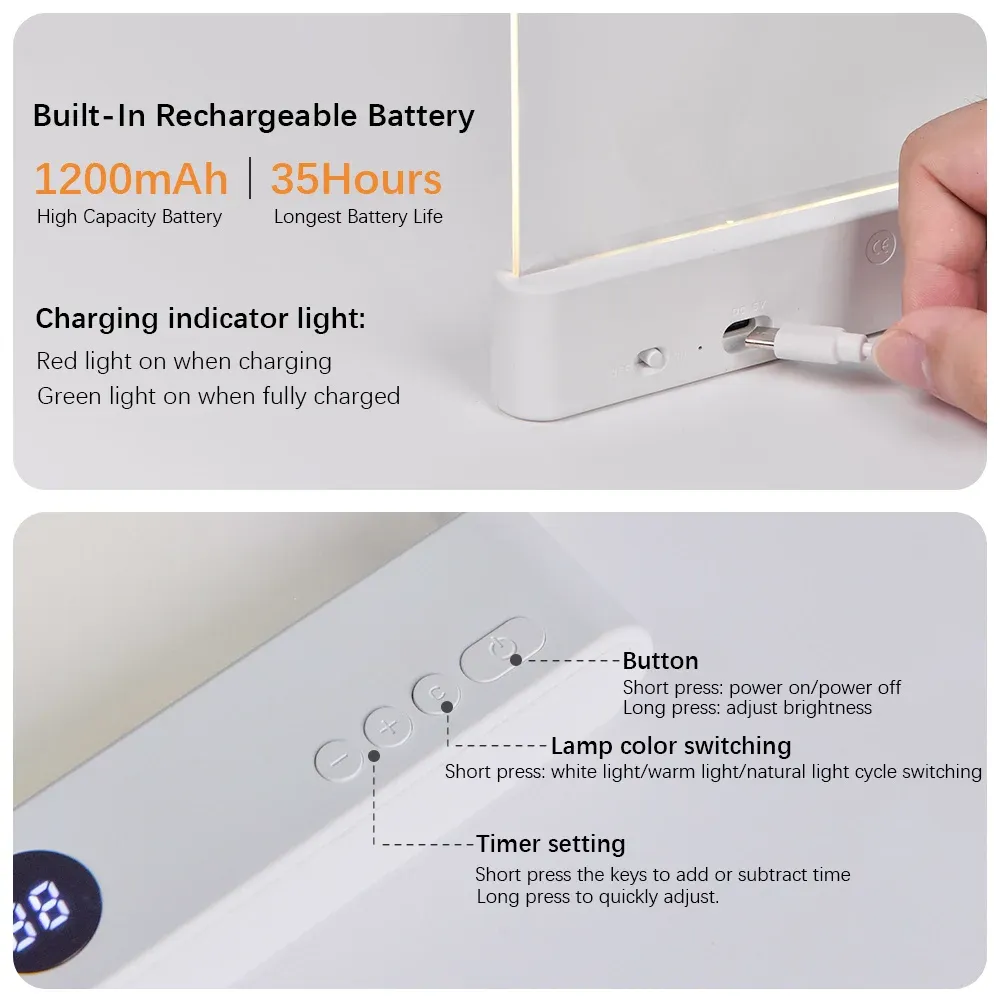 Lampe de livre LED 2 en 1 avec veilleuse, 3 températures de couleur, gradation continue, rechargeable par USB et minuterie 5
