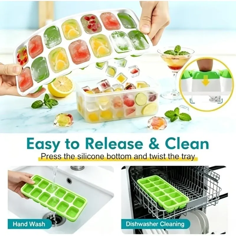 Lot de 4 bacs à glaçons avec couvercle et bac de rangement en silicone souple pour congélateur, moules empilables avec pelle 2