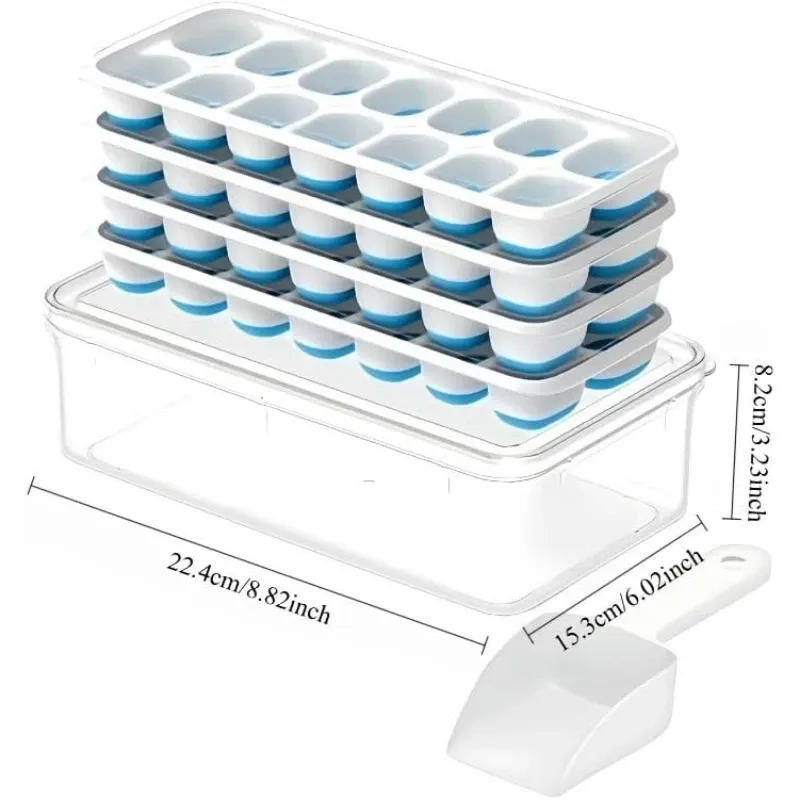 Lot de 4 bacs à glaçons avec couvercle et bac de rangement en silicone souple pour congélateur, moules empilables avec pelle 5