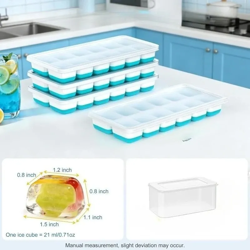 Lot de 4 bacs à glaçons avec couvercle et bac de rangement en silicone souple pour congélateur, moules empilables avec pelle 6