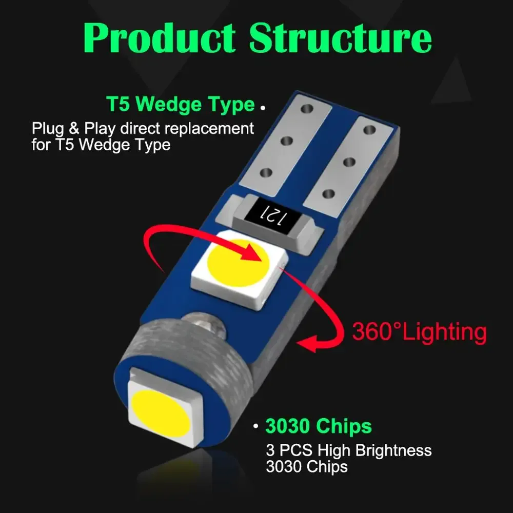 Ampoule LED T5 W3W W1.2W, Canbus, pour éclairage intérieur de voiture, témoin de tableau de bord et instrument automobile 12 V, lot de 10 3