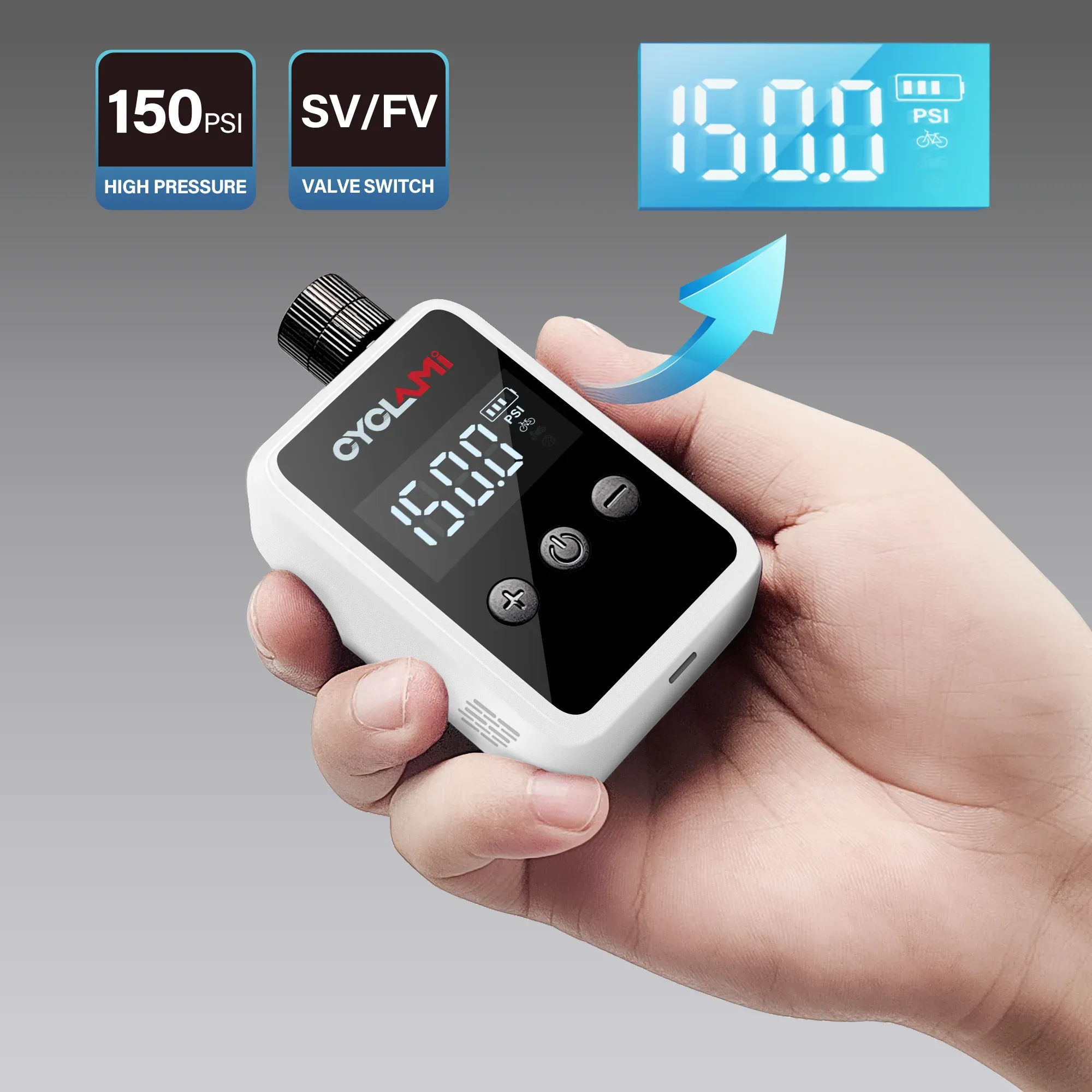 Pompe à air électrique portable 150 PSI pour vélo, compatible valves Schrader et Presta, mini compresseur rechargeable et rapide, gonfleur de pneus CYCLAMI HW125 - Image 1
