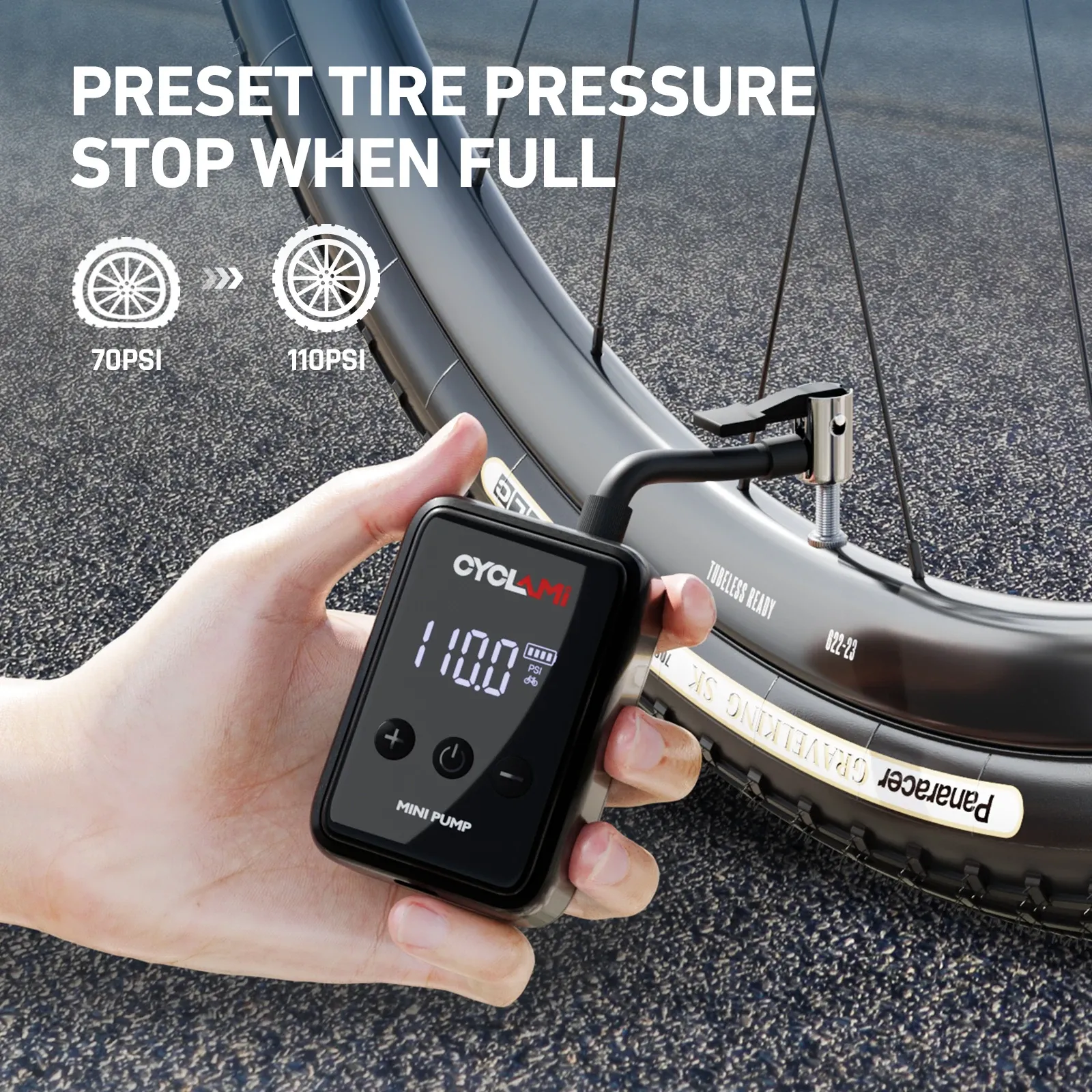 Pompe à air électrique portable 150 PSI pour vélo, compatible valves Schrader et Presta, mini compresseur rechargeable et rapide, gonfleur de pneus CYCLAMI HW125 2