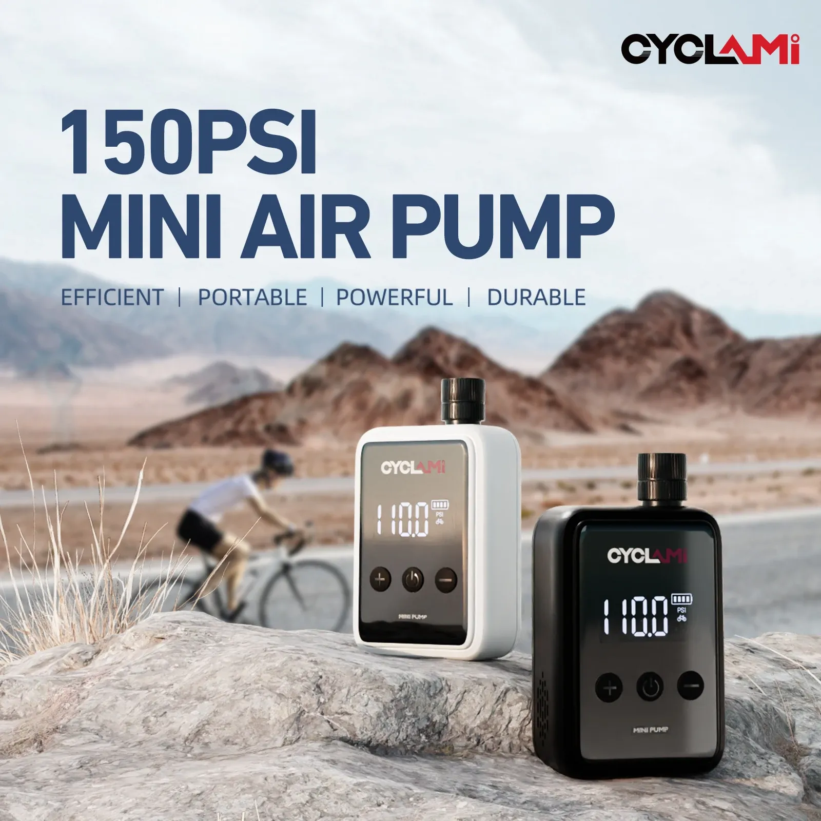 Pompe à air électrique portable 150 PSI pour vélo, compatible valves Schrader et Presta, mini compresseur rechargeable et rapide, gonfleur de pneus CYCLAMI HW125 4