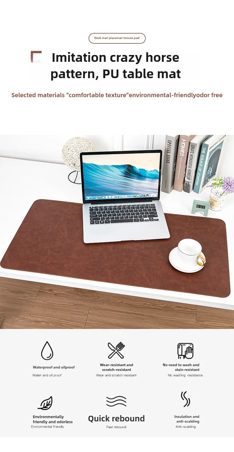Tapis de bureau en PU élégant, vue d'ensemble de l'espace de travail