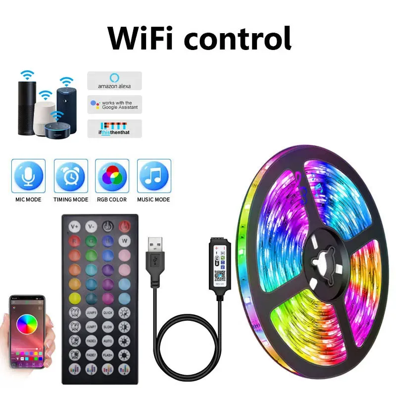 Bande LED USB 5V 5050 intelligente pour mur, Bluetooth, Wi-Fi, compatible Alexa, 15 m à 20 m, RVB, rétroéclairage TV 7