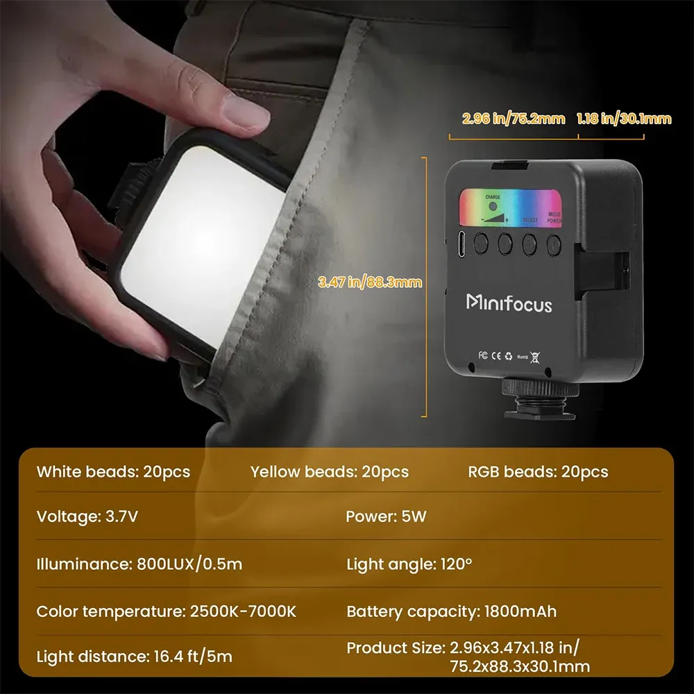 Mini lumière de remplissage LED RVB portable et réglable pour vidéo, compatible appareil photo, smartphone et GoPro 2