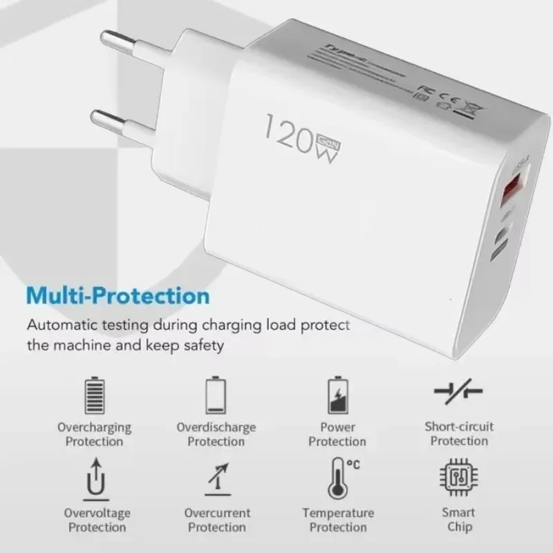 Chargeur rapide 120W USB-C PD avec câble, adaptateur de charge rapide compatible iPhone 17, 16, 15 Pro, Xiaomi, Samsung, OnePlus et Huawei 2