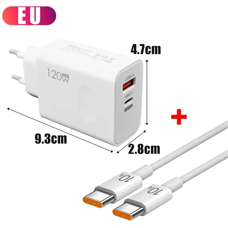 Chargeur rapide 120W USB-C PD avec câble, adaptateur de charge rapide compatible iPhone 17, 16, 15 Pro, Xiaomi, Samsung, OnePlus et Huawei 13
