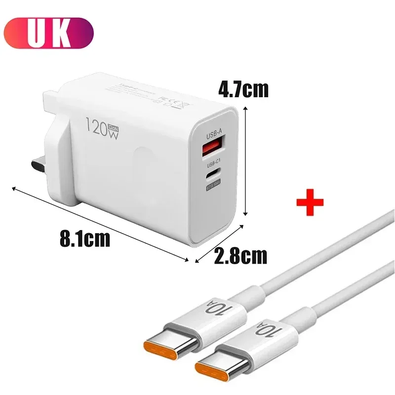 Chargeur rapide 120W USB-C PD avec câble, adaptateur de charge rapide compatible iPhone 17, 16, 15 Pro, Xiaomi, Samsung, OnePlus et Huawei 9