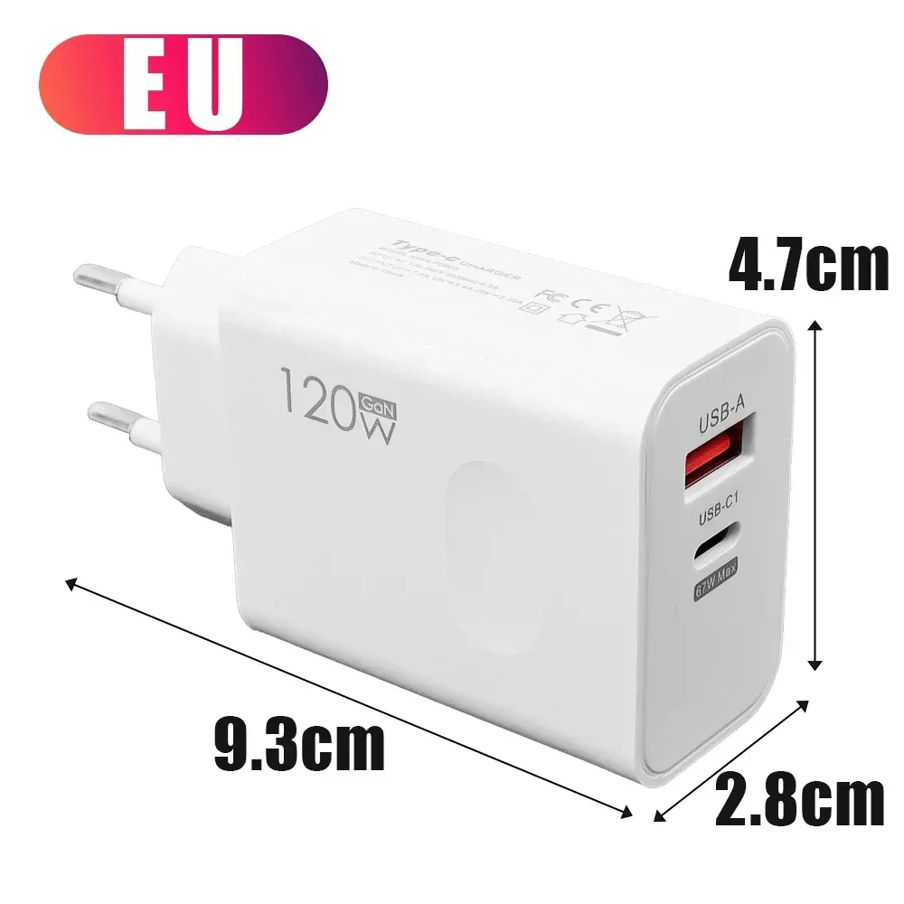 Chargeur rapide 120W USB-C PD avec câble, adaptateur de charge rapide compatible iPhone 17, 16, 15 Pro, Xiaomi, Samsung, OnePlus et Huawei 12