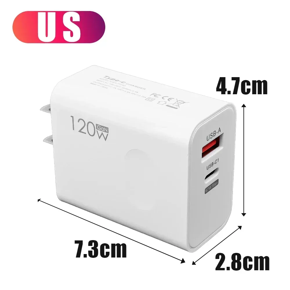 Chargeur rapide 120W USB-C PD avec câble, adaptateur de charge rapide compatible iPhone 17, 16, 15 Pro, Xiaomi, Samsung, OnePlus et Huawei 11