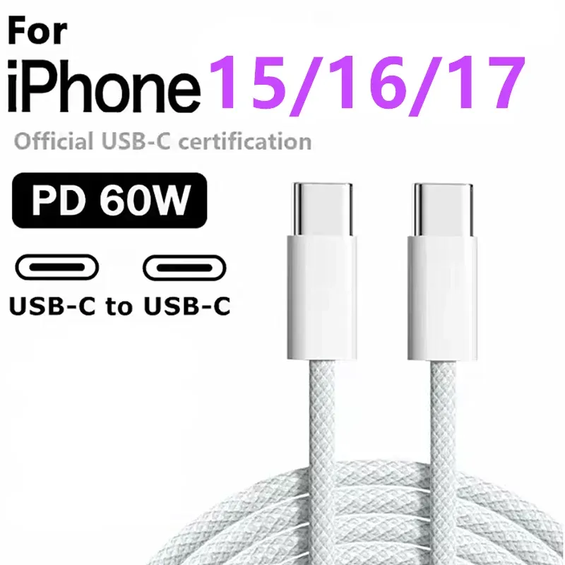 Câble USB-C vers USB-C 60 W, câble de données pour iPhone 15, 16 et 17, Samsung, Xiaomi, charge rapide, 1 m / 2 m