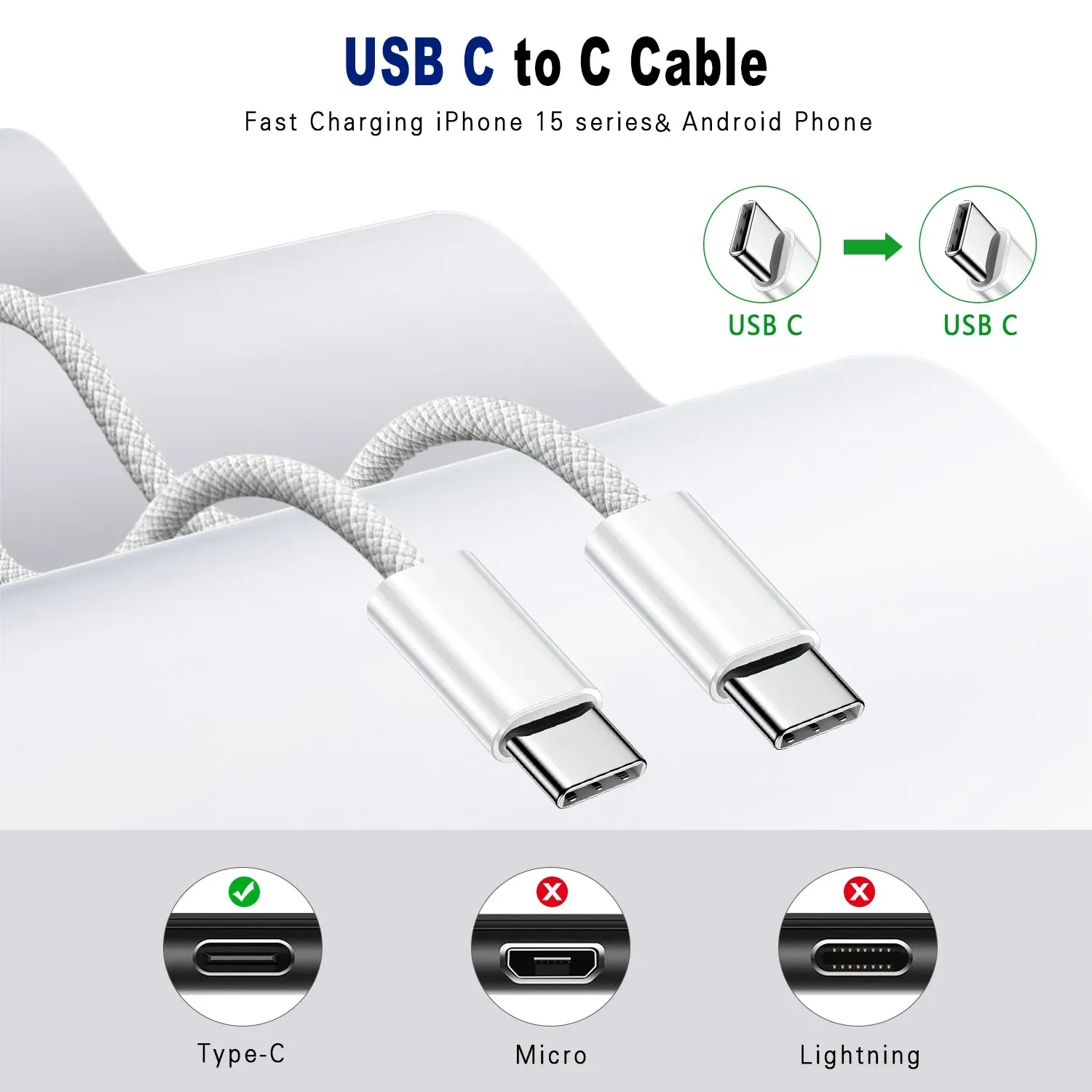 Câble USB-C vers USB-C 60 W, câble de données pour iPhone 15, 16 et 17, Samsung, Xiaomi, charge rapide, 1 m / 2 m 3