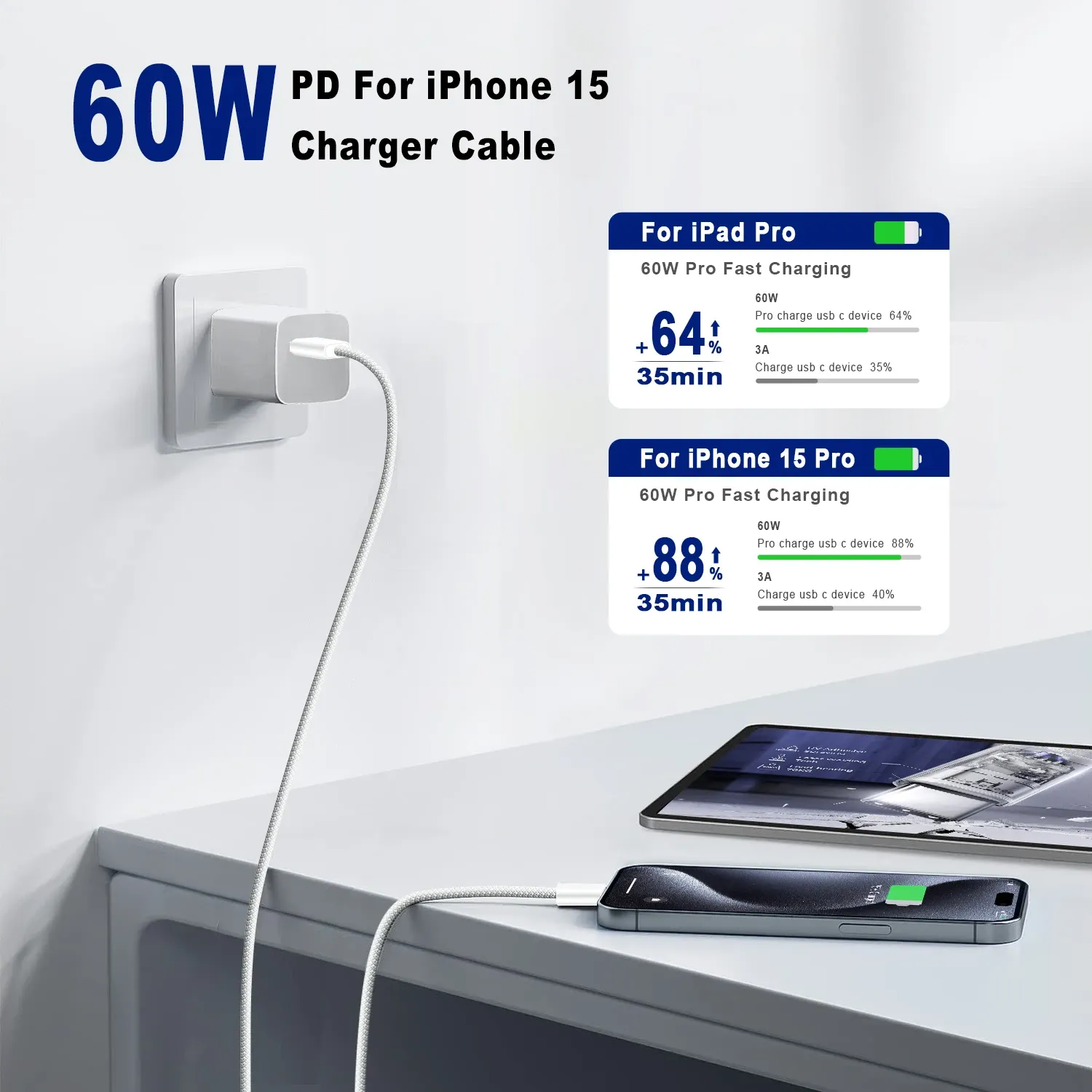 Câble USB-C vers USB-C 60 W, câble de données pour iPhone 15, 16 et 17, Samsung, Xiaomi, charge rapide, 1 m / 2 m 5