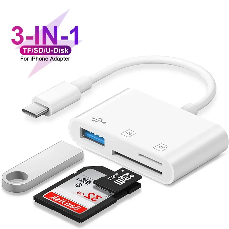 Adaptateur lecteur de carte 3 en 1 USB-C OTG, lecteur de cartes TF et SD, convertisseur de carte mémoire pour clé USB, MacBook, ordinateur portable, Samsung et Huawei