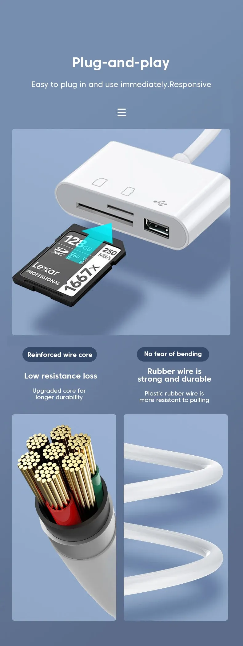 Adaptateur de lecteur de carte 3 en 1 Type-C finition