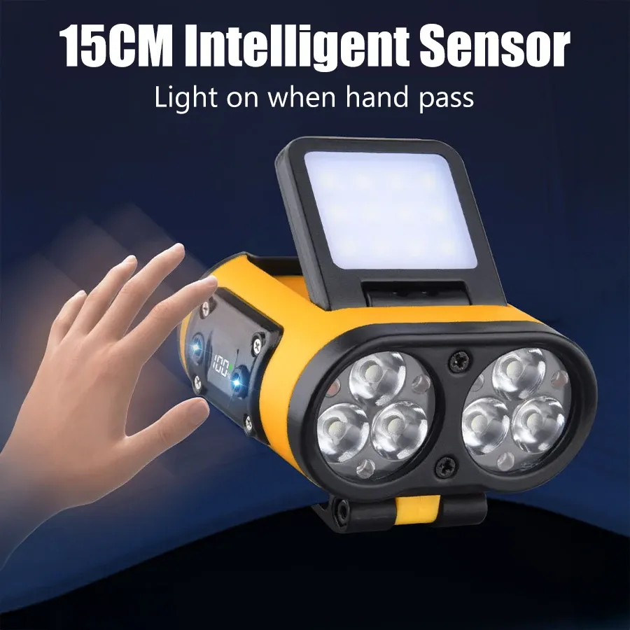 Lampe frontale LED à capteur intelligent, lampe de poche rechargeable avec affichage de puissance, pour l'équitation, la pêche, le camping et les activités de plein air, port USB-C 3