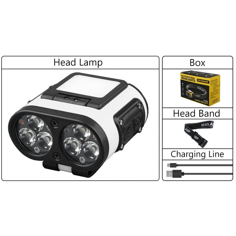 Lampe frontale LED à capteur intelligent, lampe de poche rechargeable avec affichage de puissance, pour l'équitation, la pêche, le camping et les activités de plein air, port USB-C 7