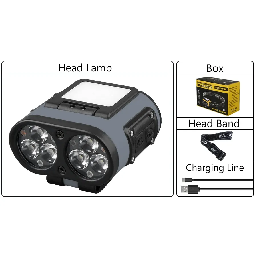 Lampe frontale LED à capteur intelligent, lampe de poche rechargeable avec affichage de puissance, pour l'équitation, la pêche, le camping et les activités de plein air, port USB-C 12