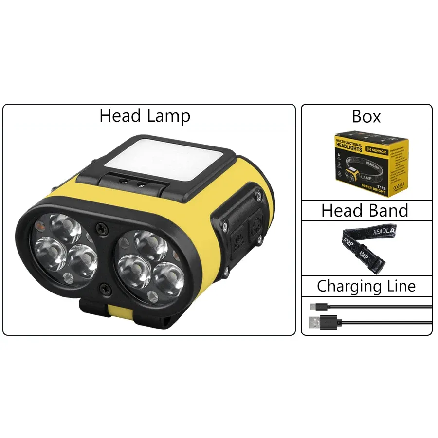 Lampe frontale LED à capteur intelligent, lampe de poche rechargeable avec affichage de puissance, pour l'équitation, la pêche, le camping et les activités de plein air, port USB-C 9