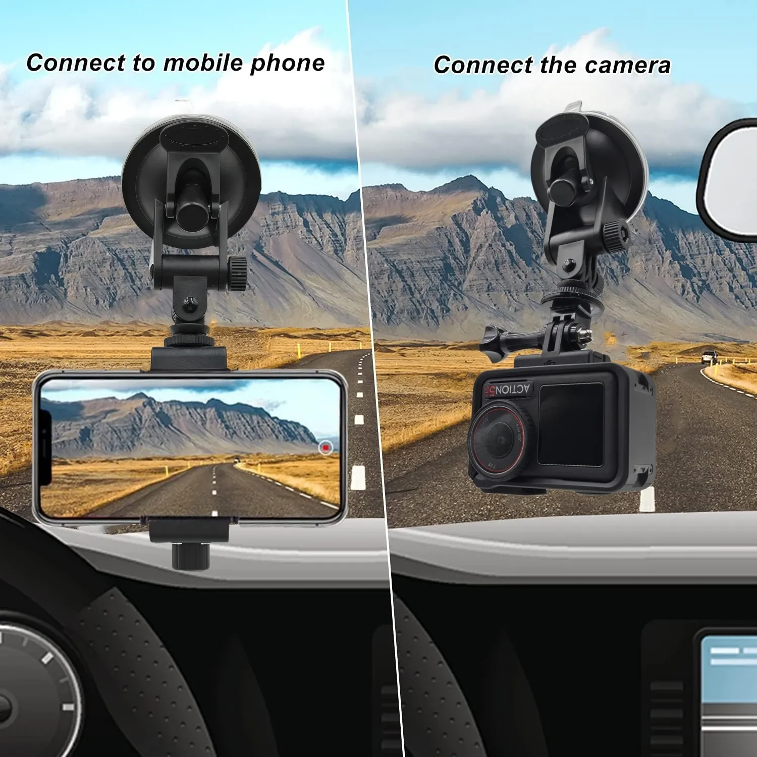 Support de pare-brise à ventouse pour caméras d'action GoPro Hero 13, 12, 11, 10, Insta360 X3, X4 et DJI Osmo Action 5 Pro 6