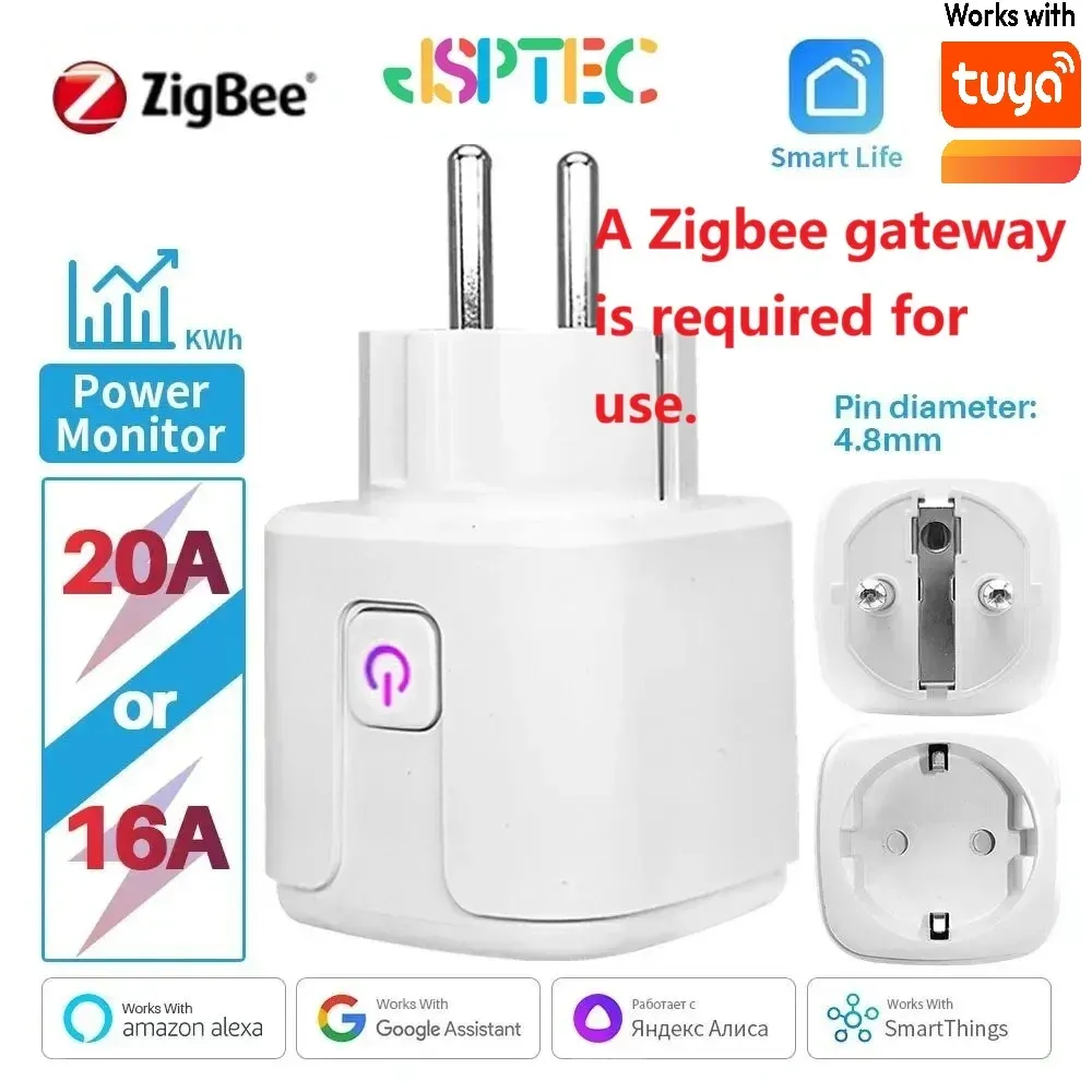 Prise connectée Tuya Zigbee 20 A pour l'UE avec mesure de consommation, minuterie et commande vocale via Alexa, Google Home et Yandex