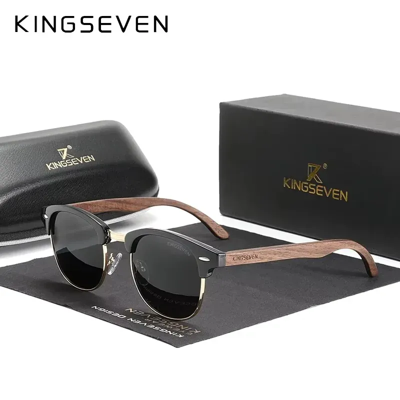 Lunettes de soleil polarisées UV400 en bois de noyer KINGSEVEN, monture ronde rétro vintage pour hommes et femmes, style patchwork de luxe 2