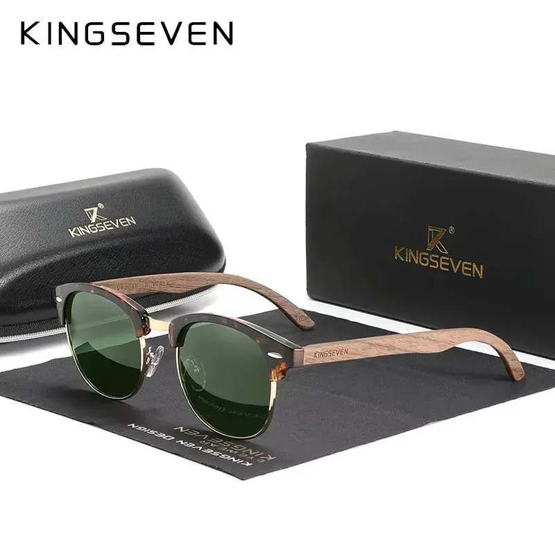 Lunettes de soleil polarisées UV400 en bois de noyer KINGSEVEN, monture ronde rétro vintage pour hommes et femmes, style patchwork de luxe