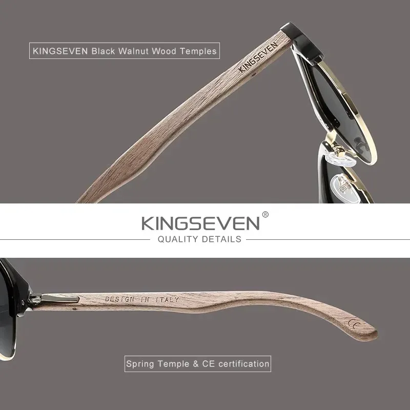 Lunettes de soleil polarisées UV400 en bois de noyer KINGSEVEN, monture ronde rétro vintage pour hommes et femmes, style patchwork de luxe 4