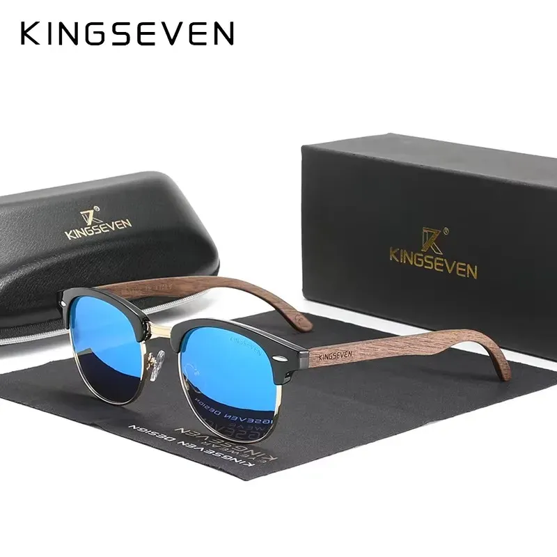 Lunettes de soleil polarisées UV400 en bois de noyer KINGSEVEN, monture ronde rétro vintage pour hommes et femmes, style patchwork de luxe 11