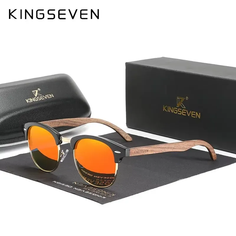 Lunettes de soleil polarisées UV400 en bois de noyer KINGSEVEN, monture ronde rétro vintage pour hommes et femmes, style patchwork de luxe 8