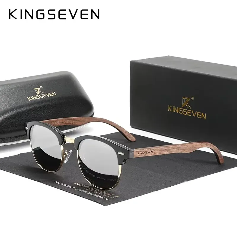Lunettes de soleil polarisées UV400 en bois de noyer KINGSEVEN, monture ronde rétro vintage pour hommes et femmes, style patchwork de luxe 7