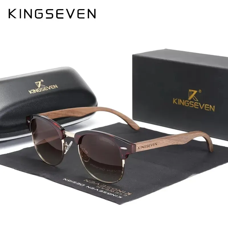 Lunettes de soleil polarisées UV400 en bois de noyer KINGSEVEN, monture ronde rétro vintage pour hommes et femmes, style patchwork de luxe 9