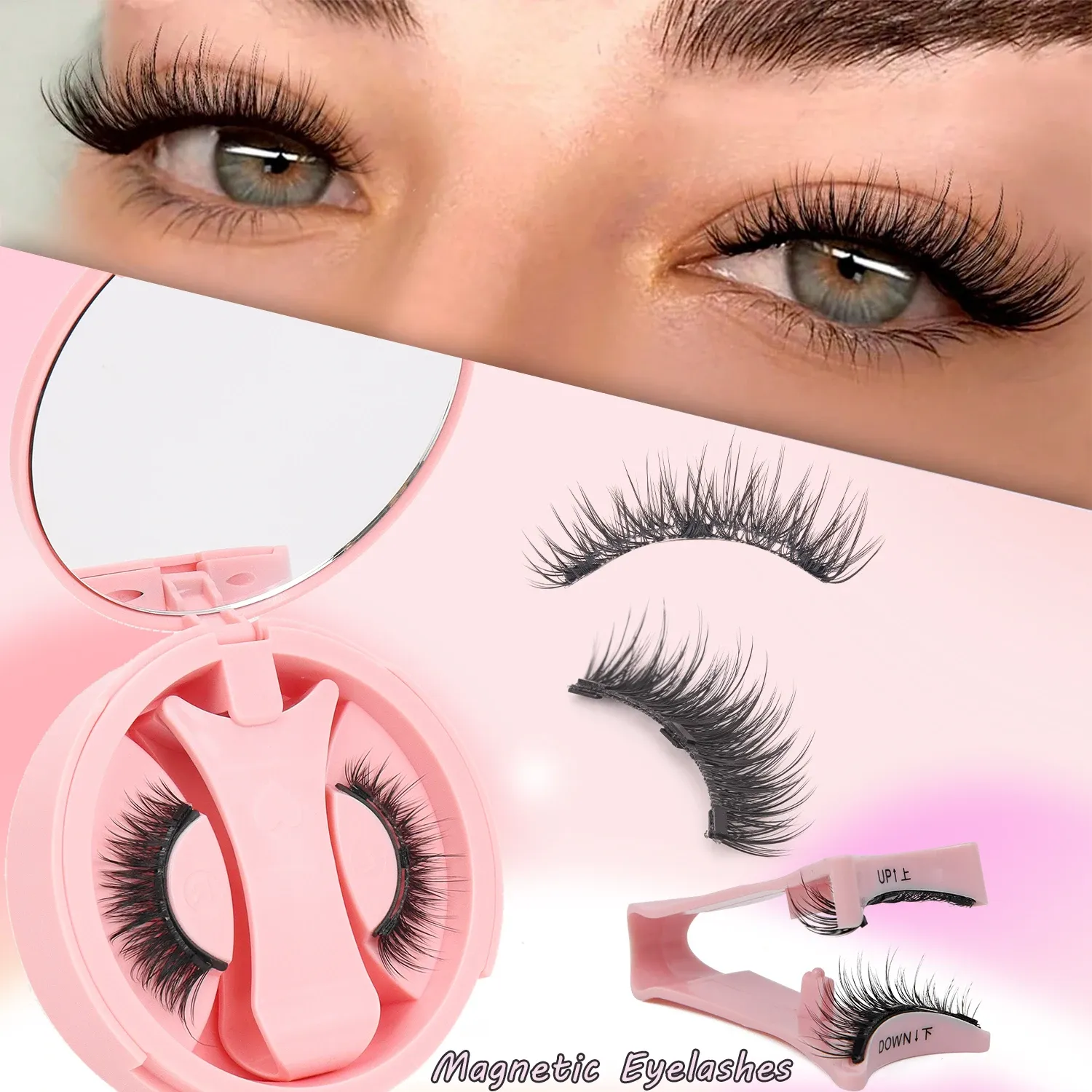 Faux cils magnétiques réutilisables avec recourbe-cils, effet croisé naturel, imperméables et sans colle, adaptés aux yeux sensibles (1 paire) 1