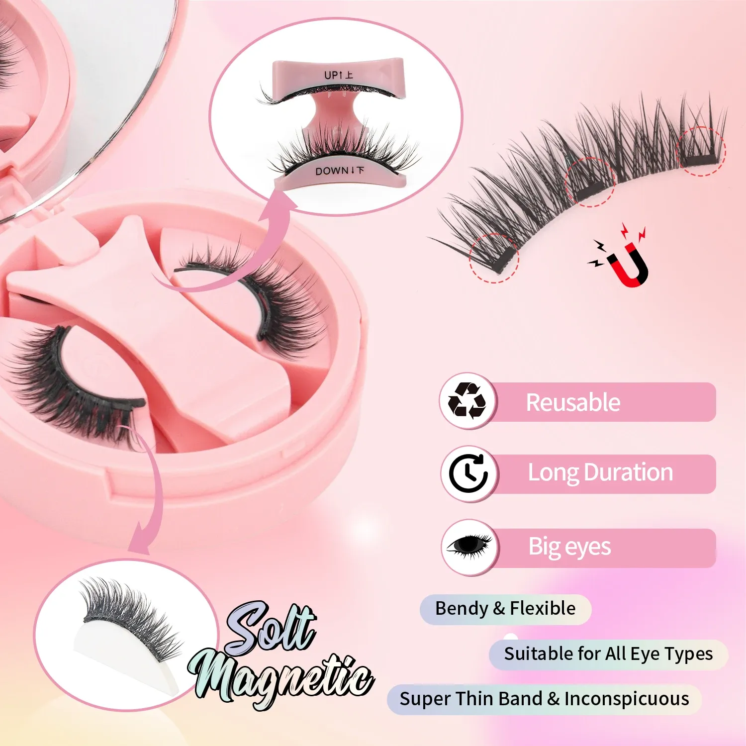 Faux cils magnétiques réutilisables avec recourbe-cils, effet croisé naturel, imperméables et sans colle, adaptés aux yeux sensibles (1 paire) 2