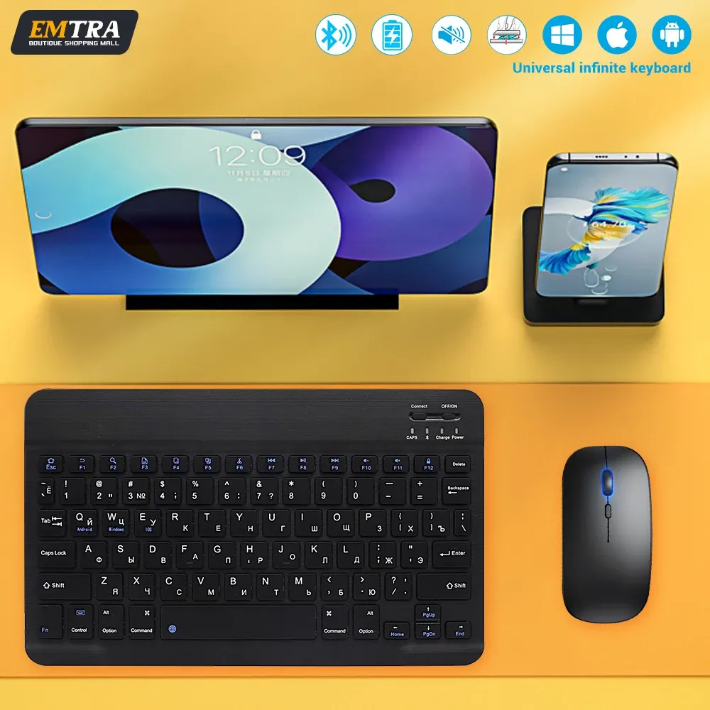 Clavier et souris Bluetooth sans fil compact pour tablette et smartphone, compatible iPad, Android, iOS et Windows