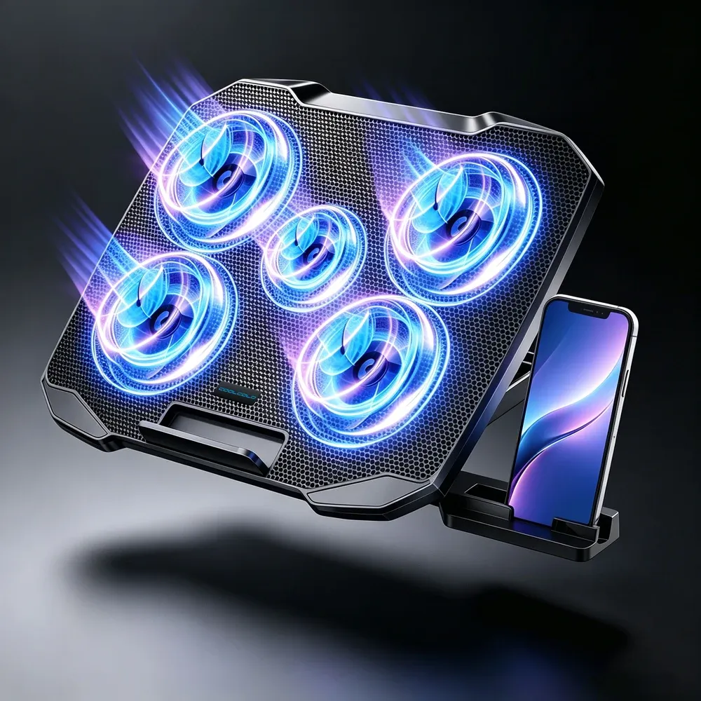 Support de refroidissement COOLCOLD pour ordinateur portable 12 à 17 pouces, 5 ventilateurs silencieux, 5 angles réglables, support téléphone intégré 8