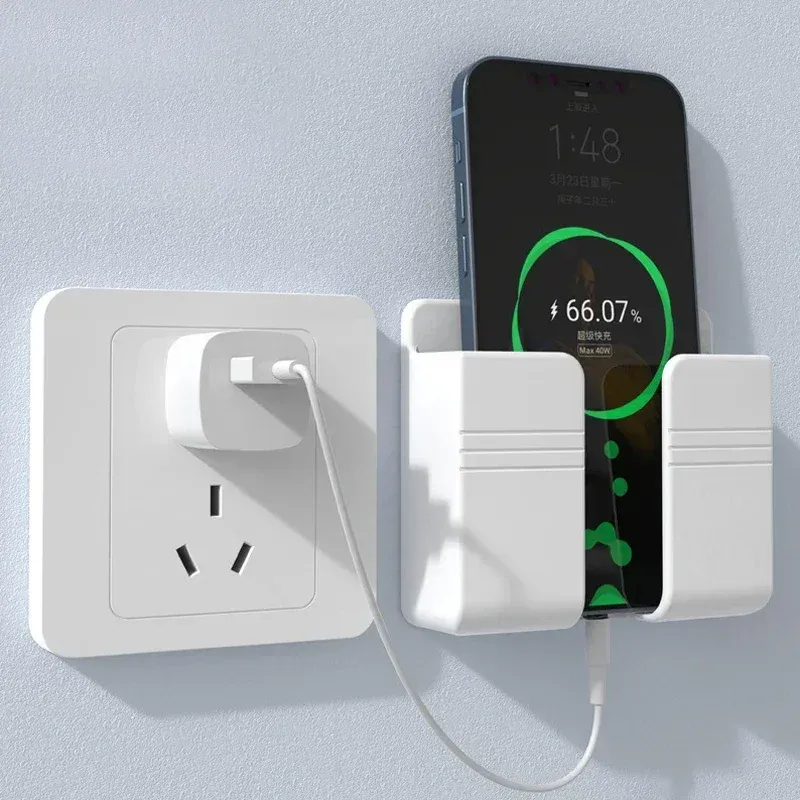 Support mural pour téléphone portable sans perçage, blanc, avec support de charge et boîte de rangement adhésive pour télécommande 1