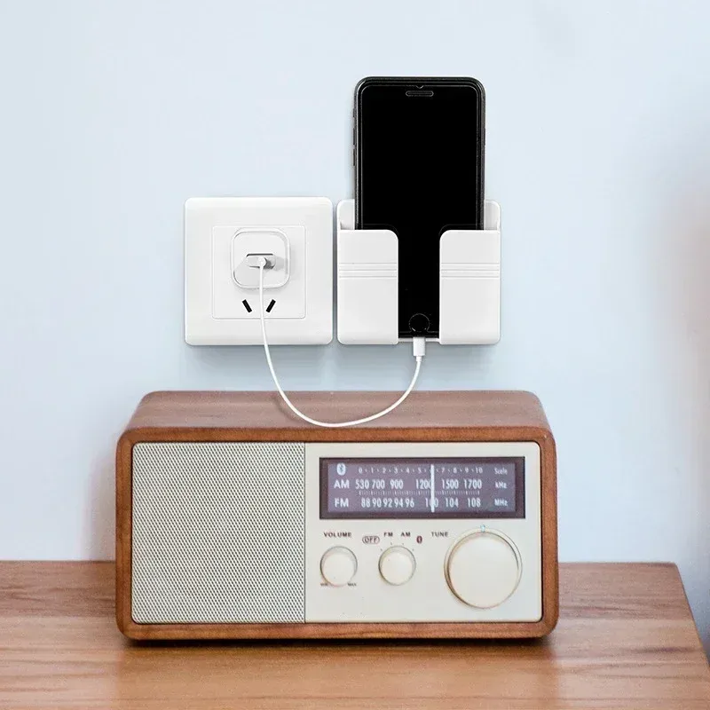 Support mural pour téléphone portable sans perçage, blanc, avec support de charge et boîte de rangement adhésive pour télécommande 3