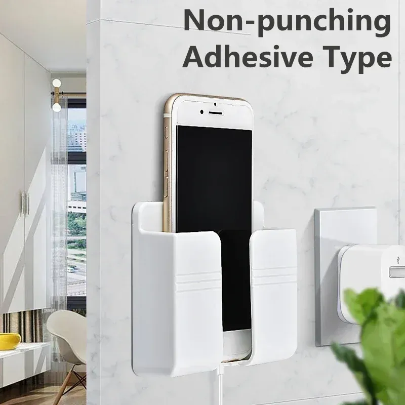Support mural pour téléphone portable sans perçage, blanc, avec support de charge et boîte de rangement adhésive pour télécommande 2