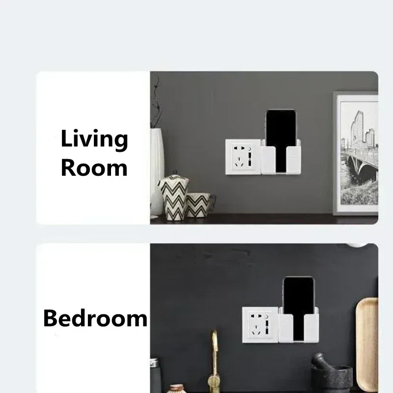 Support mural pour téléphone portable sans perçage, blanc, avec support de charge et boîte de rangement adhésive pour télécommande 4