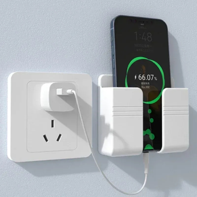 Support mural pour téléphone portable sans perçage, blanc, avec support de charge et boîte de rangement adhésive pour télécommande 6