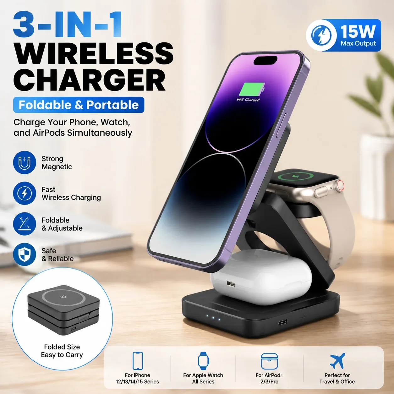 Station de charge sans fil magnétique pliable 3 en 1 pour iPhone 16, 15, 14, 13 Pro Max, Apple Watch 8 et 9