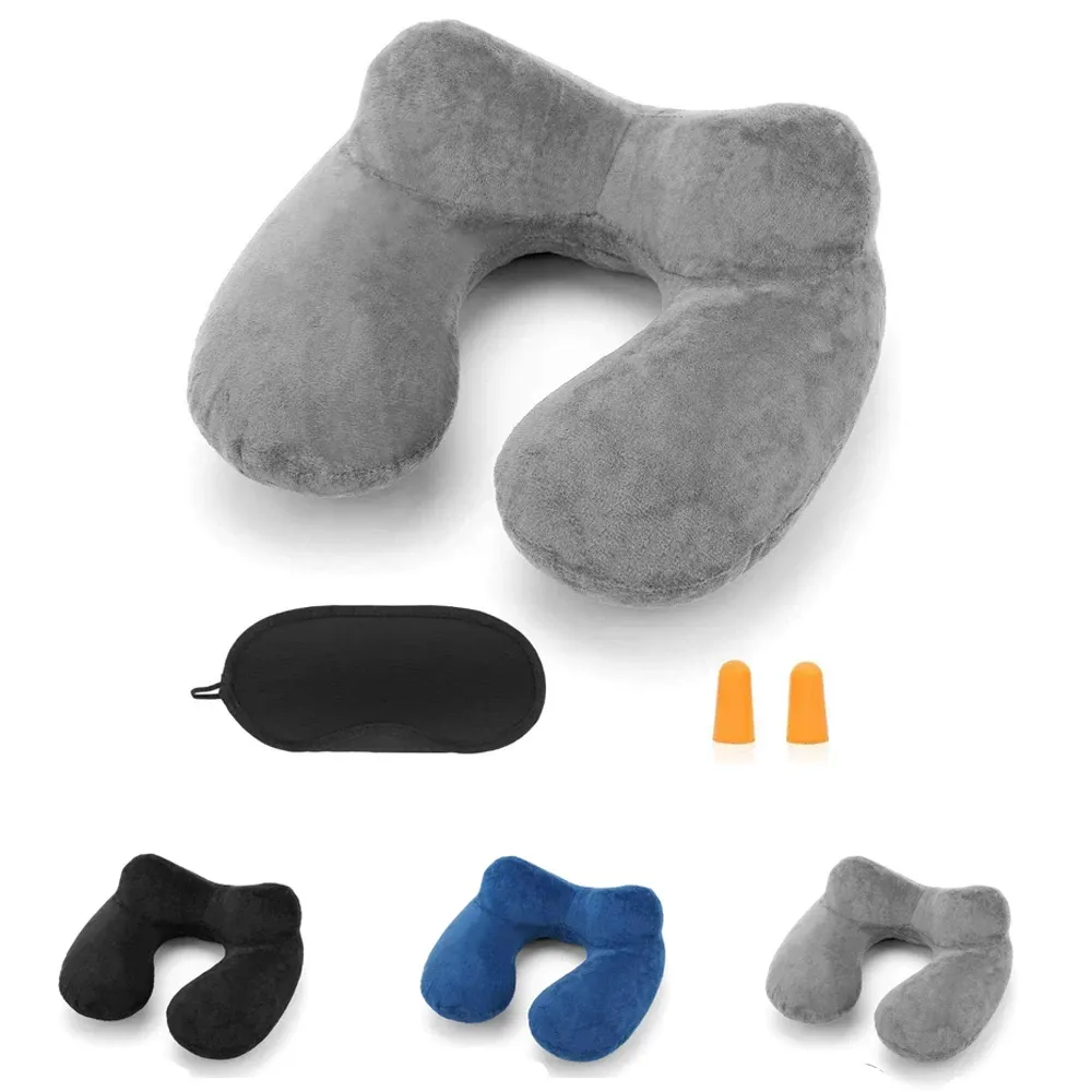 Oreiller de voyage gonflable avec housse en velours doux et sac de transport, soutien cervical pour avion, voiture et bureau