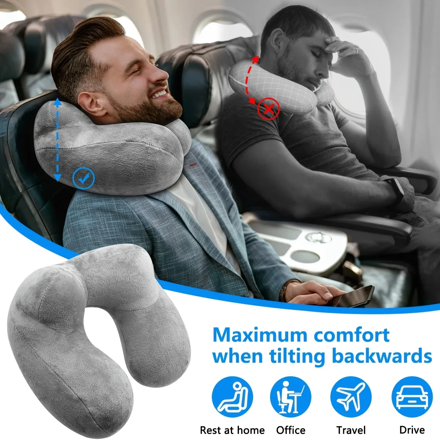 Oreiller de voyage gonflable avec housse en velours doux et sac de transport, soutien cervical pour avion, voiture et bureau 5