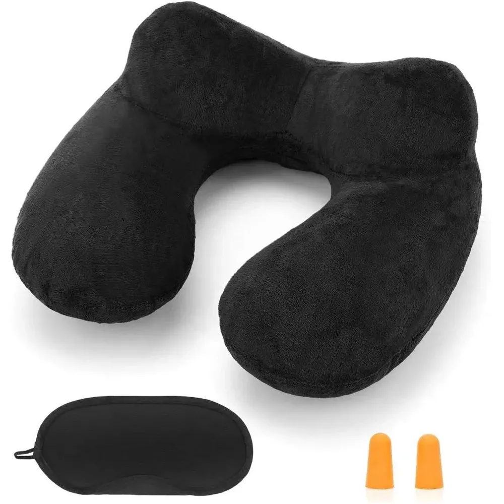 Oreiller de voyage gonflable avec housse en velours doux et sac de transport, soutien cervical pour avion, voiture et bureau 8