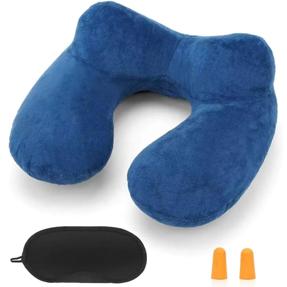 Oreiller de voyage gonflable avec housse en velours doux et sac de transport, soutien cervical pour avion, voiture et bureau 7