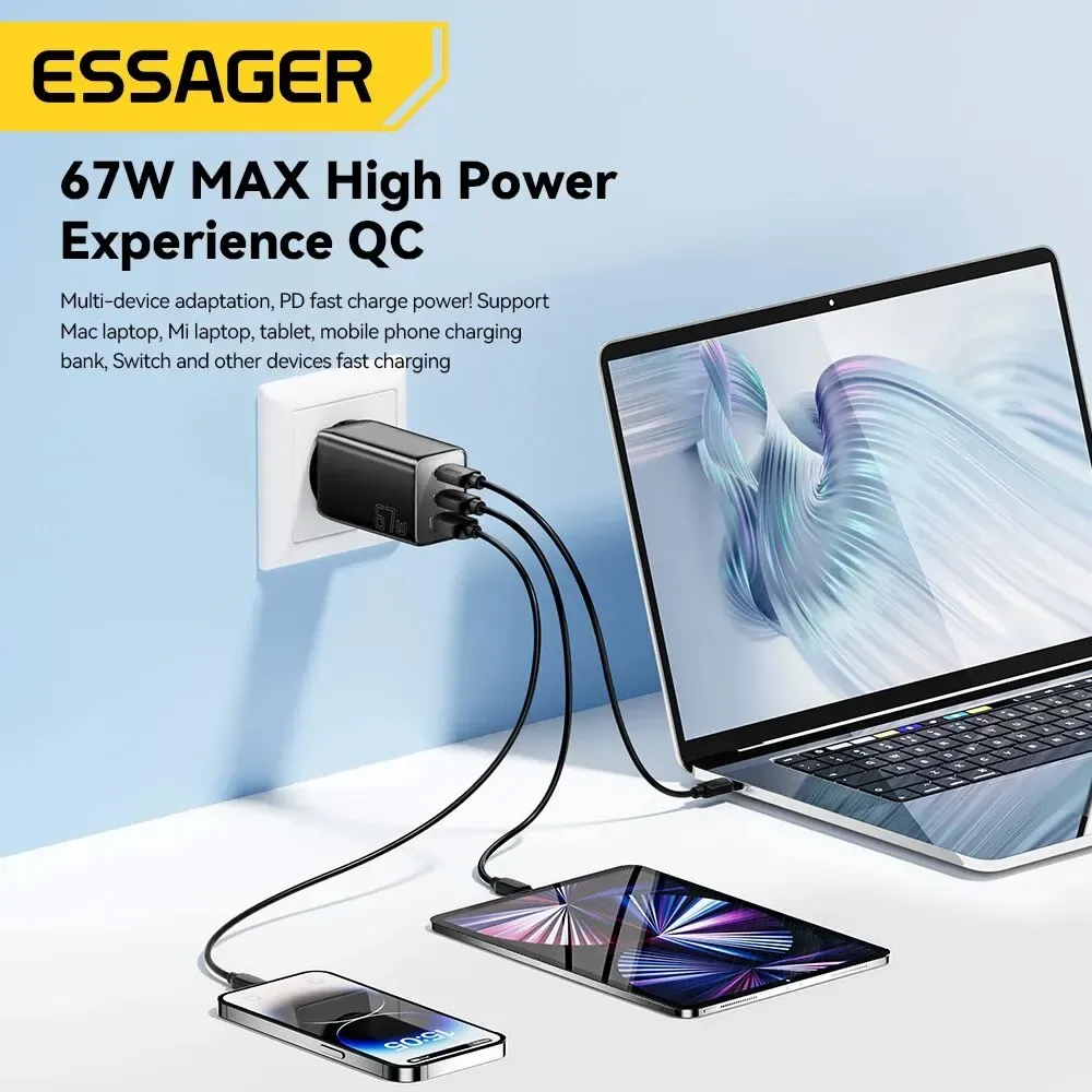 Chargeur GaN 67 W USB-C Essager pour ordinateur portable 45 W, 25 W, PD et QC 3.0, charge rapide compatible MacBook, Xiaomi, Samsung et iPhone 14/13 3